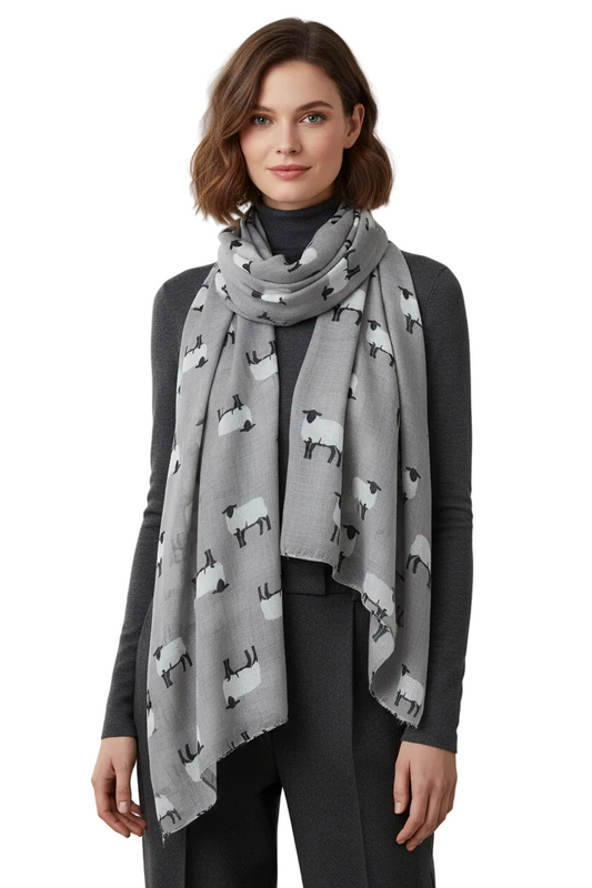 Ladies Silver Grey Sheep Print Scarf – Large Soft Lightweight Shawl Wrap